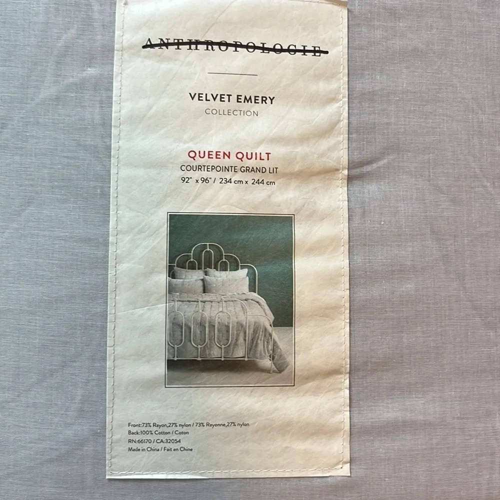 Anthropologie Velvet Emery Quilt Gray Quilt Queen NWT